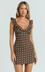 Isla Mini Dress - Ruffle Sleeve A Line Dress in Chocolate Polka Dot
