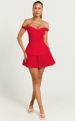 Izara Mini Dress - Off Shoulder Pleated Dress in Red