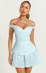 Izara Mini Dress - Off Shoulder Pleated Dress in Blue