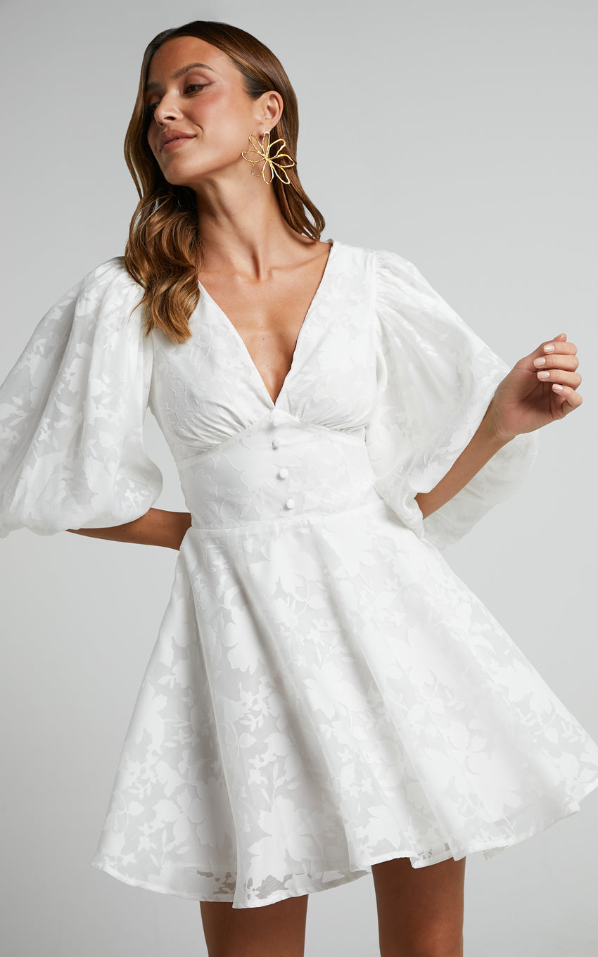 Jammae Mini Dress - Puff Sleeve Dress in White