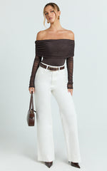 Jaythen Bodysuit - Long Sleeve Off Shoulder Ruched Mesh Bodysuit in Chocolate