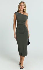 Jiean Midi Dress - Short Sleeve Tipped Neckline Dress in Moss