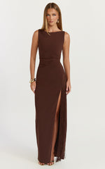 Joanne Maxi Dress - Scoop Neck Fringe Dress in Chocolate