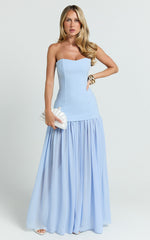 Jocelyn Maxi Dress - Strapless Ruched Fit And Flare Dress in Blue