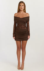 Juliet Mini Dress - Off Shoulder Lace Contrast Bodycon Dress in Choc