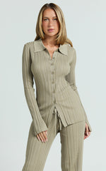 Kelsey Top - Button Through Long Sleeve Knitted Top in Taupe