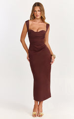 Kenna Midi Dress - Gathered Bust Tucked Waist Dress in Chocolate