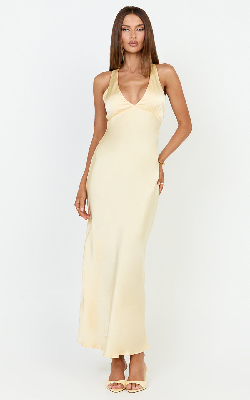 Khalani Midi Dress - Deep V Neck Satin Slip Dress in Butter Yellow
