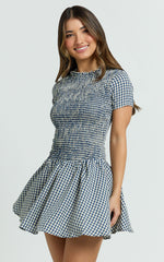 Kristen Mini Dress - Short Sleeve Smocked T-Shirt Dress in Navy