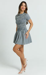 Kristen Mini Dress - Short Sleeve Smocked T-Shirt Dress in Navy