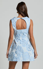 Kyra Mini Dress - Square Neck Open Back Jacquard Mini Dress in Light Blue