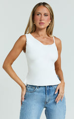 Lausanne Top - Asymmetric Jersey Backless Top With Hardware Detail in Off White