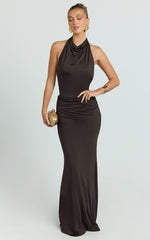 Lizzy Maxi Dress - Backless Ruched Bodycon Dress in Chocolate