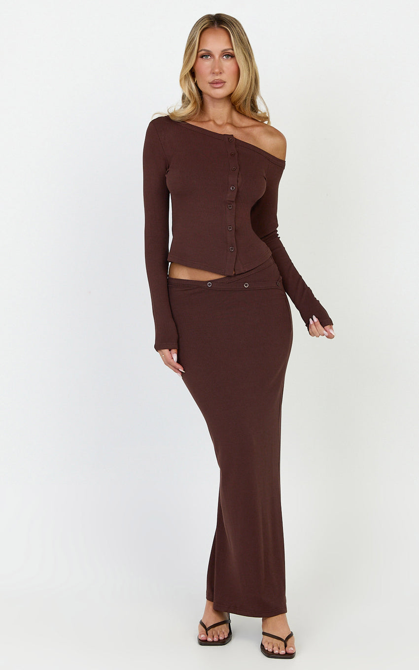 Lulu Two Piece Top and Skirt Set - Asymmetrical Button Detail Top And Maxi Skirt Set in Chocolate