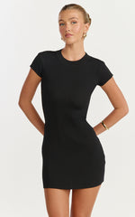 Lyra Mini Dress - Knit Cap Sleeve Mini Dress in Black
