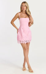 Maisie Mini Dress - Strapless Broderie Cut Out Border Hem Dress in Pink