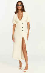 Makayla Midi Dress - Low Cut Button Down Midi Dress in Cream