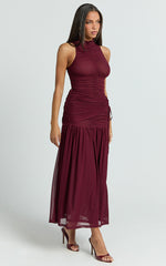Metzie Midi Dress - High Neck Gathered Mesh Dress in Burgundy