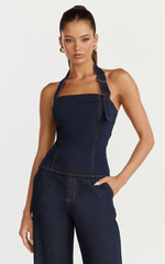 Nicky Top - Denim Hardware Buckle Halter Neck Top in Raw