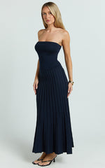 Paris Midi Dress - Strapless Drop Waist Pleated Knit Dress in Navy
