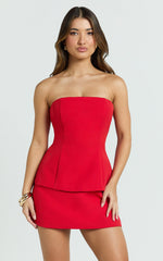 Pauline Two Piece Top and Skirt Set - Strapless A Line Top and Mini Skirt Set in Red