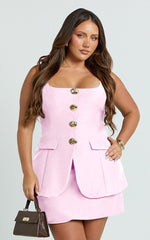 Phyllis Two Piece Set - Tailored Scoop Neck Vest Top and A Line Mini Skirt Set with Gold Buttons in Pink