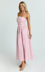 Polly Midi Dress - Strapless Ruched Dress in Pink