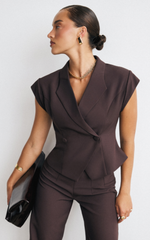 Poppy Top - Cap Sleeve Double Breasted Vest Top in Dark Chocolate