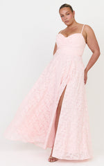 Rachel Maxi Dress - Sweetheart Neckline Jacquard Front Split Dress in Pink