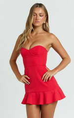 Rhea Mini Dress Strapless Bustier Fit Bodice Drop Waist Frill Hem Skirt in Raspberry