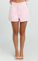 Rhianna Shorts - Mid Waist Recycled Denim Shorts in Pink