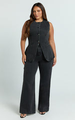 Rhianna Top - Button Down Longline Recycled Denim Vest Top in Black
