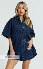 Rhianna Top - Oversized Recycled Denim Short Sleeve Shirt in Indigo Wash