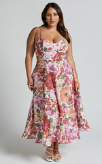 Robertson Midi Dress - Strappy Sweetheart Bustier Flare Dress in Spring Floral