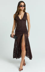 Rosanna Midi Dress - Plunge Lace Fit And Flare Dress in Chocolate