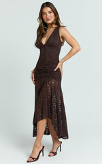 Rosanna Midi Dress - Plunge Lace Fit And Flare Dress in Chocolate