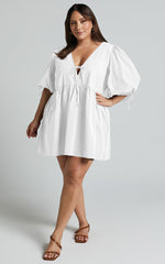 Rosita Mini Dress - Tie Front Puff Sleeve Dress in White