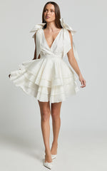Roxanne Mini Dress - Shoulder Tie Plunge Ruffle Dress in White
