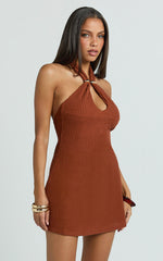 Roza Mini Dress - Halter Neck Brooch Detail A Line Dress in Brown