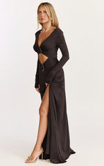 Sahara Maxi Dress - Long Sleeve Cut Out Gold Trim Dress in Chocolate