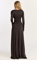 Sahara Maxi Dress - Long Sleeve Cut Out Gold Trim Dress in Chocolate