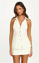 Sheila Two Piece Top and Skirt Set - Sleeveless Halter Neck Button Down Top And Mini Skirt Set in White