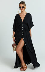 Sitting Pretty Maxi Dress - Short Sleeve Button Down Dress in Black