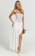 Solange Midi Skirt -  Mid Waisted Thigh High Leg Split Skirt in White