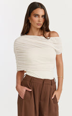 Sophia Top - Draped One Shoulder Mesh Overlay Top in Cream