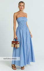 Swanson Midi Dress - Strapless Smocked Dress in Blue Stripe