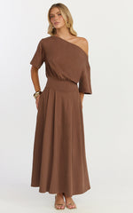 Tami Midi Dress - Off Shoulder Dress in Chocolate