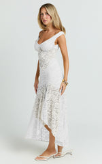 Tatum Midi Dress - Lace Off Shoulder Side Split Dress in Off White