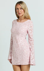 Terri Mini Dress - Long Sleeve Cowl Back Neck Dress in Pale Pink