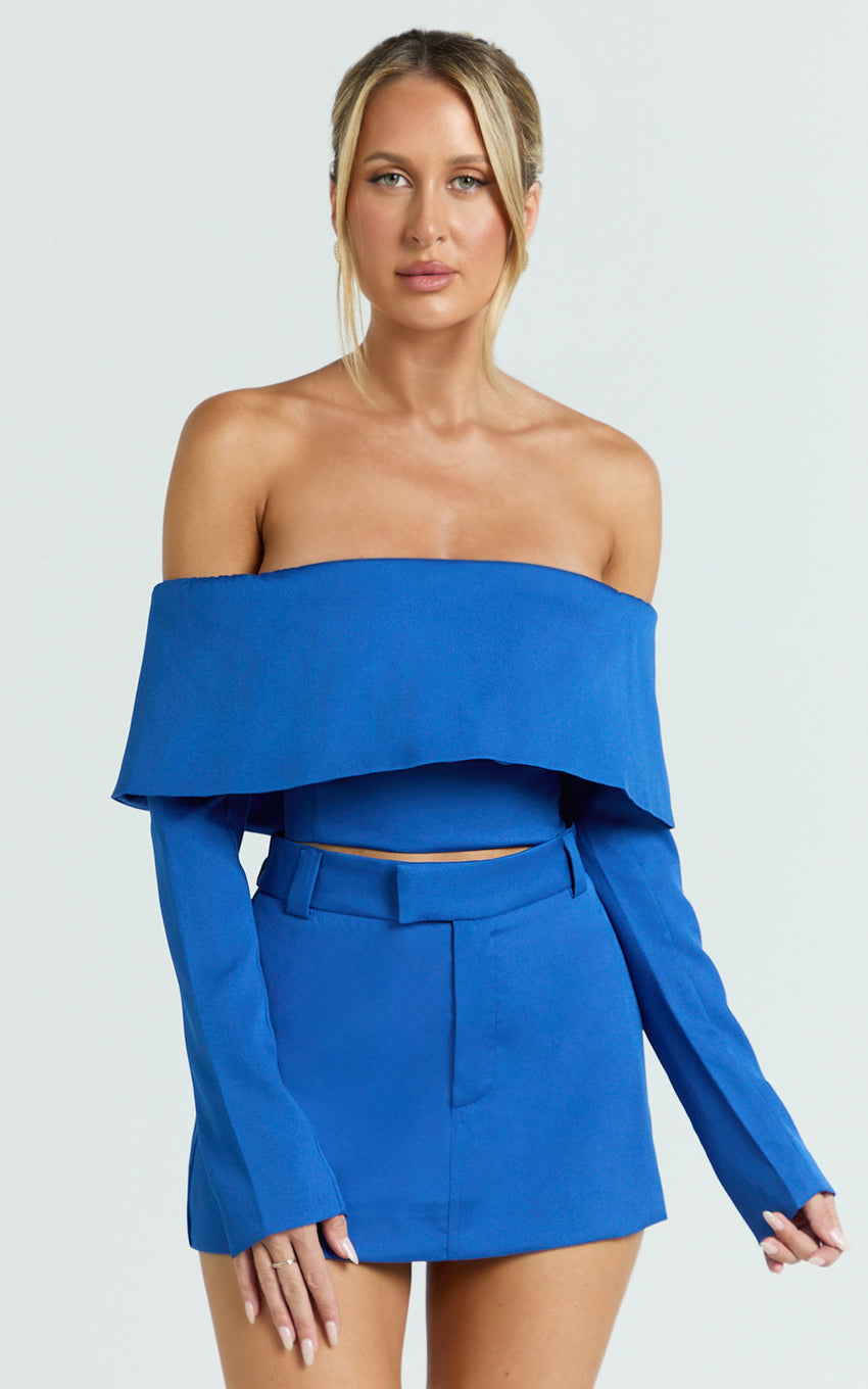 Ursula Top - Long Sleeve Off Shoulder Cropped Top in Cobalt